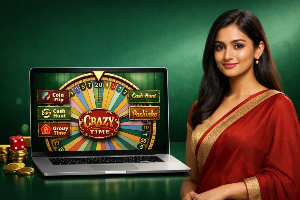 Crazy Time live game advertisement showing an attractive Indian woman in a luxurious red saree with gold accents smiling beside an open laptop displaying the colorful Crazy Time wheel interface, with visible segments Coin Flip, Cash Hunt, Pachinko, Grouchy Time, multipliers, and game controls, set against a rich green casino-style background with scattered gold coins and dice